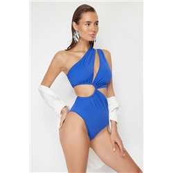 Trendyolmilla Saks Tek Omuz Tünelli Cut Out/Pencereli Regular Core Mayokini TBESS23MA00206