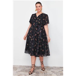 Trendyol Curve Çok Renkli Çiçek Desenli Şifon Kruvaze Dokuma Elbise TBBSS24AH00154