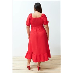Kırmızı Bisiklet Yaka Eteği Fırfırlı Dokuma Elbise TBBSS24AH00066