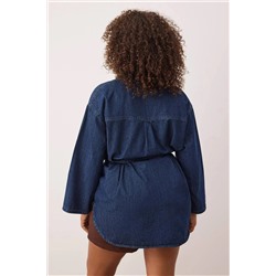 Koyu Mavi Oversize/Bol Kesim Denim Büyük Beden Gömlek TBBAW26AX00003