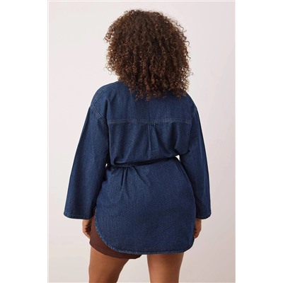 Koyu Mavi Oversize/Bol Kesim Denim Büyük Beden Gömlek TBBAW26AX00003