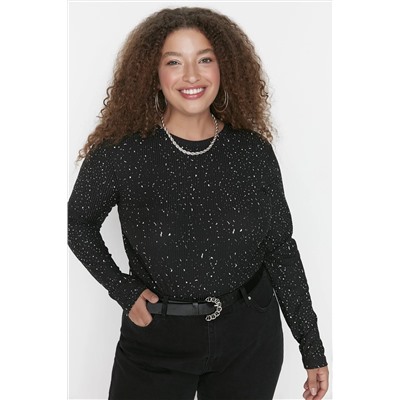 Siyah Bodycone/Vücuda Oturan Fitilli Puantiyeli Desenli Örme Büyük Beden Bluz TBBAW23AF00016