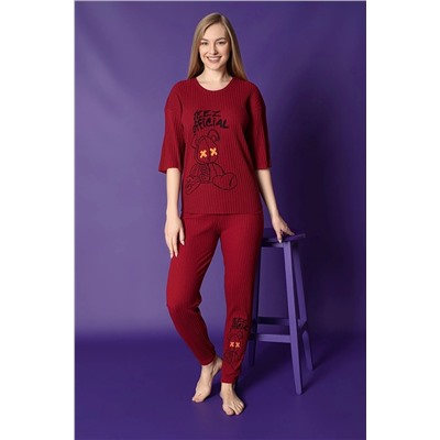 Sude HOMEWEAR Ercan Kadın Kırmızı Ayıcıklı Dirsek Boy Pijama Takımı K-7069
