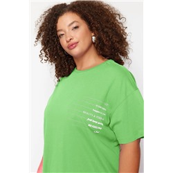 Yeşil Bisiklet Yaka slogan Baskılı %100 Pamuk Örme Büyük Beden T-shirt Elbise TBBSS23AH00162