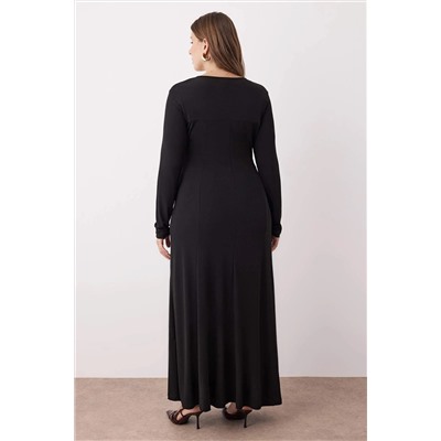 Siyah V Yaka Skater/Belden Açılan Esnek Maxi Örme Elbise TBBAW26AH00017