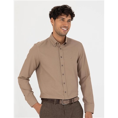 Açık Kahverengi Slim Fit Uzun Kollu Gömlek
