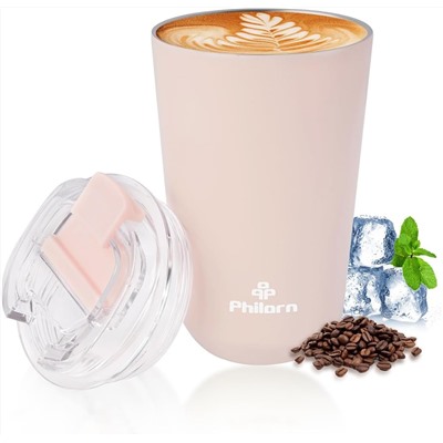 PHILORN Pink Coffee Tumbler - 12 OZ Insulated Coffee Mug with Lid, Leak Proof Thermo Cup for Hot and Iced Drinks, Stainless Steel Vacuum Pink Cup with Double Wall
