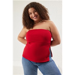 Kırmızı Straplez Yaka Yandan Fermuarlı Krep Örme Bluz TBBSS24AF00092