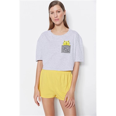 TRENDYOLMİLLA Sarı Baskılı Pamuklu T-shirt-Şort Örme Pijama Takımı THMSS21PT0734
