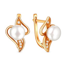 Серьги из золочёного серебра с культивированным жемчугом и фианитами см046з-жемчуг