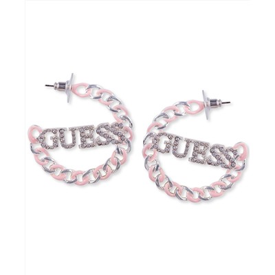 GUESS Silver-Tone Pink Logo Link Medium Hoop Earrings, 1.75"