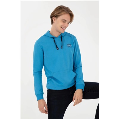 Erkek Kobalt Kapüşonlu Basic Sweatshirt