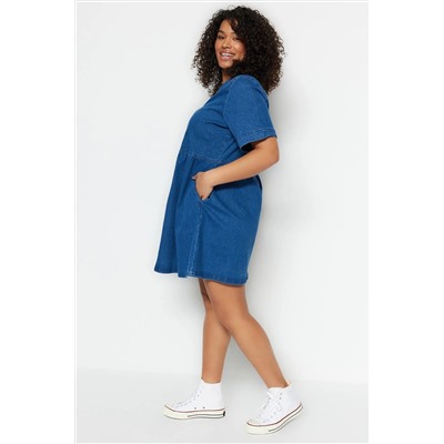 Mavi Belden Açılan/Skater V Yaka Denim Elbise TBBSS23AH00078