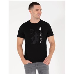 Siyah Slim Fit Baskılı Bisiklet Yaka Tişört