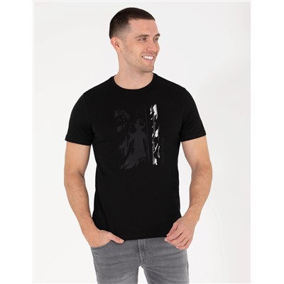 Siyah Slim Fit Baskılı Bisiklet Yaka Tişört