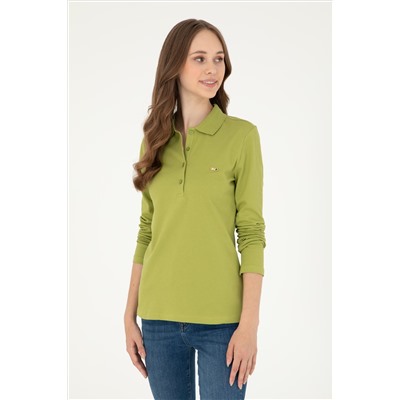 Kadın Fıstık Yeşili Basic Polo Yaka Sweatshirt
