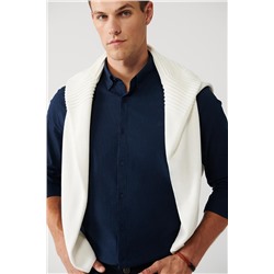 Lacivert Düğmeli Yaka Çizgili Pamuklu Kolay Ütülenen Slim Fit Dar Kesim Gömlek