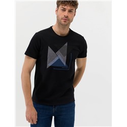 Siyah Slim Fit Baskılı Bisiklet Yaka Tişört