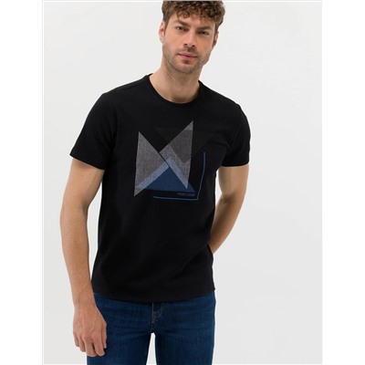 Siyah Slim Fit Baskılı Bisiklet Yaka Tişört