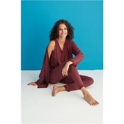 Meba Kadın Dantelli Sabahlıklı 3'lü Bordo Kırmızı Pijama Takımı Çeyiz Set 3018