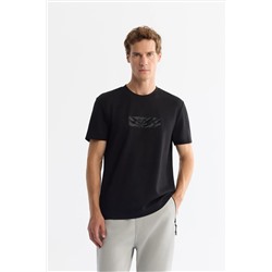 Avva, Erkek Siyah Bisiklet Yaka Baskılı Elastan T-shirt A42y1007