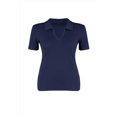 Lacivert Polo Yaka Vücuda Oturan Fitilli Örme Bluz TBBSS22BZ0750