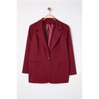 Bordo Astarlı Oversize/Bol Kesim Blazer Dokuma Büyük Beden Kumaş Ceket TBBAW25AG00019