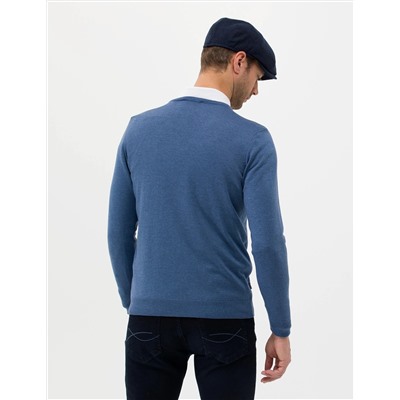 İndigo Melanj Slim Fit V Yaka Basic Triko Kazak