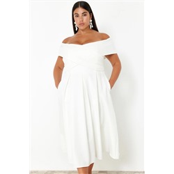 Beyaz Madonna Yaka Dokuma Büyük Beden Abiye/Bridal/Nikah/Nişan/Gece Elbisesi TBBSS24AH00117
