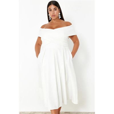 Beyaz Madonna Yaka Dokuma Büyük Beden Abiye/Bridal/Nikah/Nişan/Gece Elbisesi TBBSS24AH00117