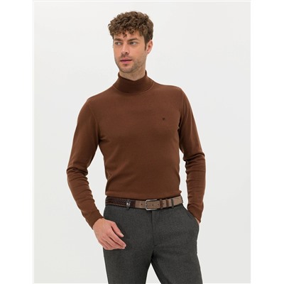 Kahverengi Slim Fit Balıkçı Yaka Basic Triko Kazak