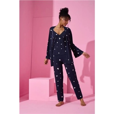 BIES Lacivert Beyaz Kalp Bambu V Yaka Ip Askılı Dantelli Sabahlıklı Viskon 3lü Pijama Takımı TYC00790086414