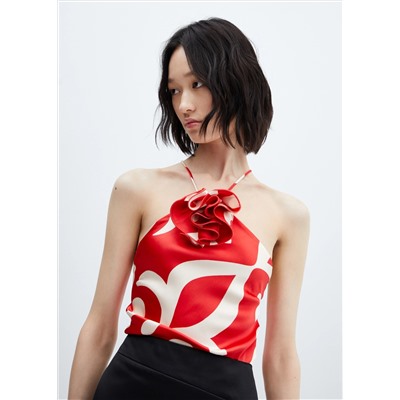 Top satinado estampado flor decorativa
