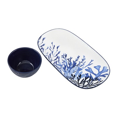 Набор, 2 пр, блюдо/салатник, керамика К, белое/синий, Синие кораллы, Blue Coral, 63289