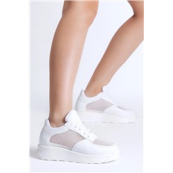 Tonny Black Kadın Beyaz Rahat Kalıp Yüksek Taban Nefes Alabilen Kumaş Bağcıklı Sneaker TBHMTSRS070