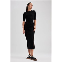 Defacto Bodycon Yuvarlak Yaka Fitilli Kaşkorse Midi Kısa Kollu Elbise B2439AX23SP