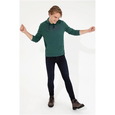 Erkek Yeşil Kapüşonlu Basic Sweatshirt