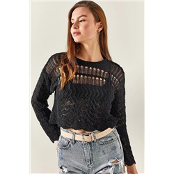 Olalook Kadın Siyah Üstü Delikli Ajurlu Crop Triko Bluz BLZ-19002328