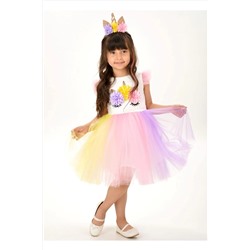 Buse&Eylül Bebe Kız Çocuk Beyaz Unicorn Figürlü Taçlı Elbise UNİCORNKİRPİKRENGARENK