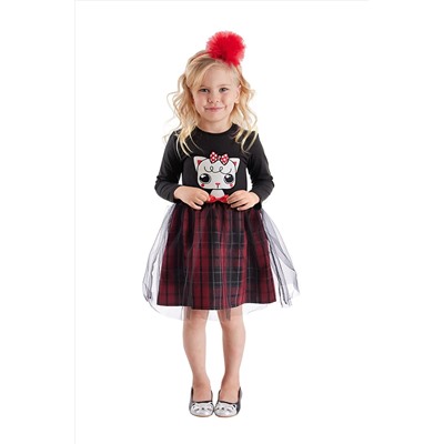 Denokids Kokoş Kedi Tüllü Ekose Siyah Kırmızı Kız Çocuk Elbise CFF-20K1-035