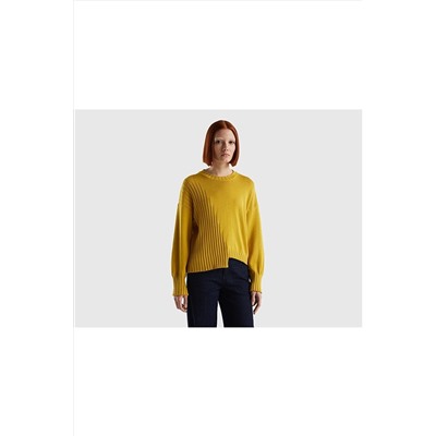 United Colors of Benetton Kadın Hardal Boxy Fit Asimetrik Kesim Kazak Hardal 123P105FD105K