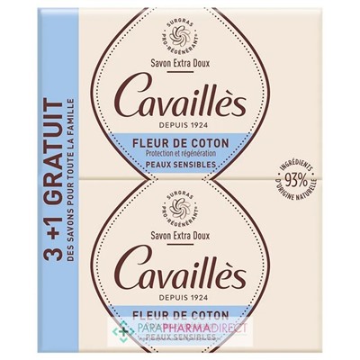 Cavaillès Savon Extra-Doux - Fleur de Coton - LOT de 4x250 g (3+1 GRATUIT)Lot  × 4