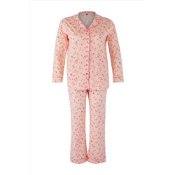Pembe %100 Pamuklu Çiçekli Biyeli Örme Pijama Takımı TBBAW26AI00007