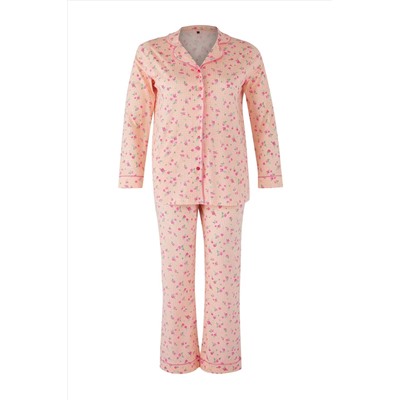 Pembe %100 Pamuklu Çiçekli Biyeli Örme Pijama Takımı TBBAW26AI00007