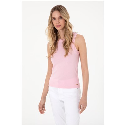 Kadın Açık Pembe Kolsuz Bisiklet Yaka Basic Tişört