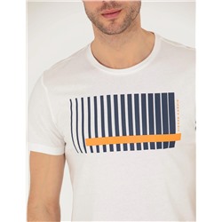 Turuncu Slim Fit Baskılı Bisiklet Yaka Tişört