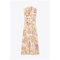 PRINTED LINEN BLEND MIDI DRESS
