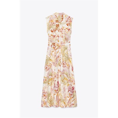PRINTED LINEN BLEND MIDI DRESS