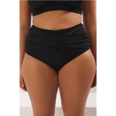 Siyah Belde Büzgü Detaylı Yüksek Bel Büyük Beden Bikini Altı TBBSS25CR00005