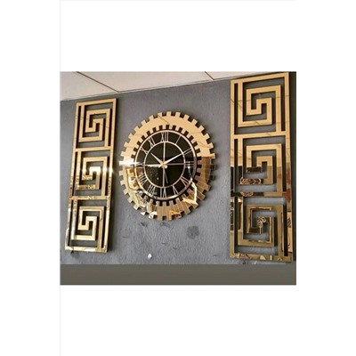 EYKA STORE Dekoratif 3 Lü Set Pleksi Gold Aynalı 3d Kabartmalı Duvar Saati Ve Dekoru Eykspltgld